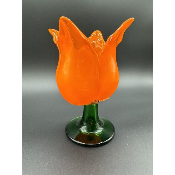 Blown Glass Tulip Flower Sculpture Candleholder Orange-Colored 7" Green Stem - Picture 7 of 8